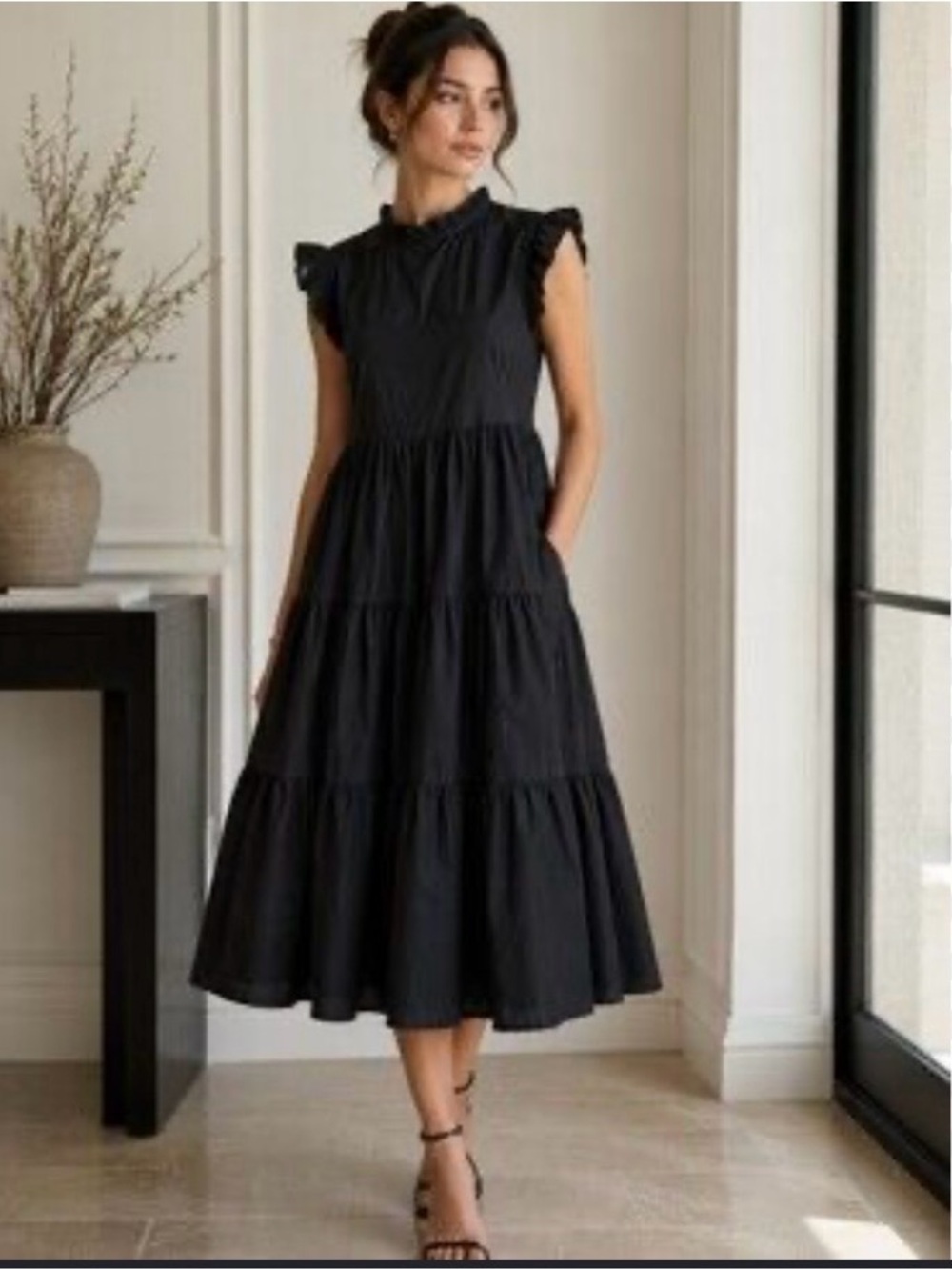 Chepe Italy Black Tiered Poplin Ruffle Sleeve Dress Sz- S Dark Cottagecore - Picture 2 of 14